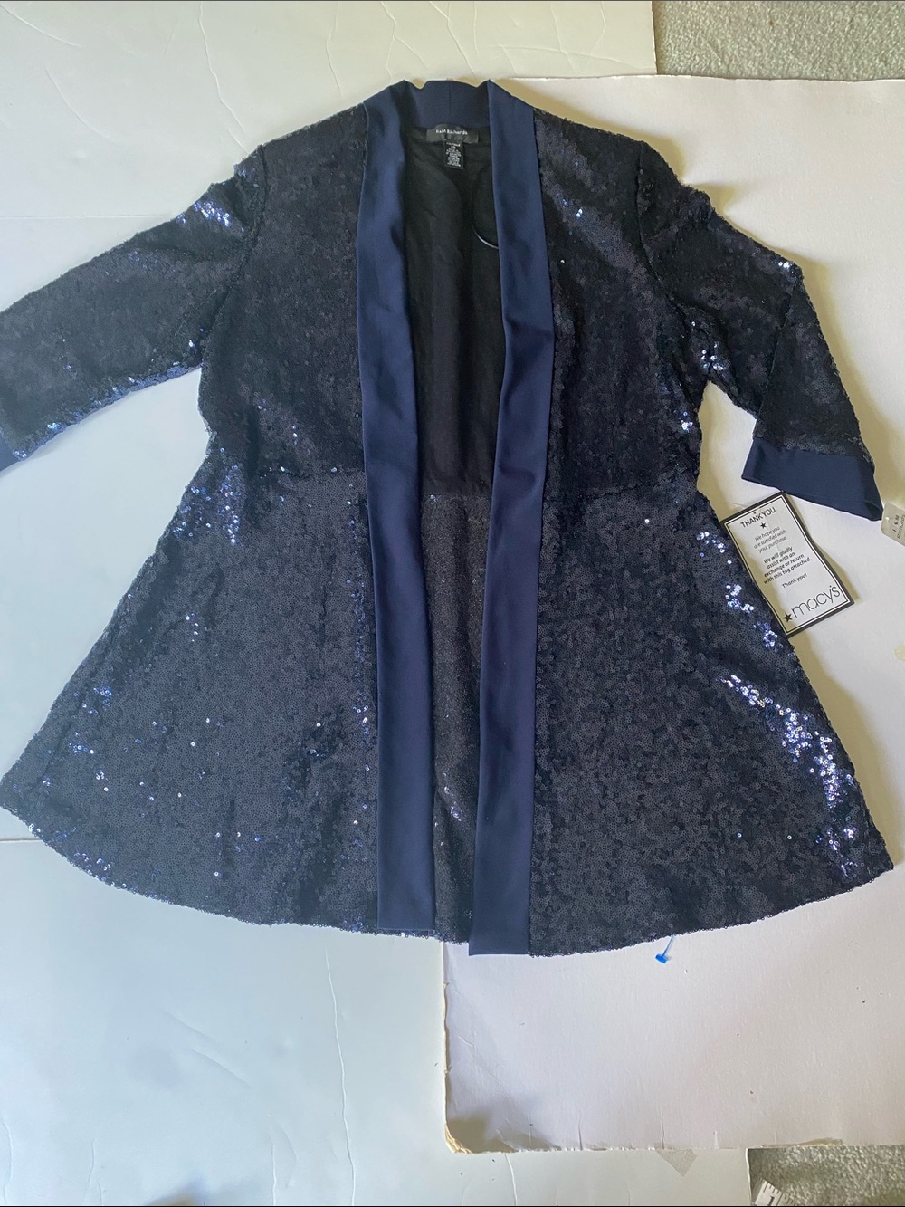 R & M Richard’s Sequin Open Front Jacket in Navy